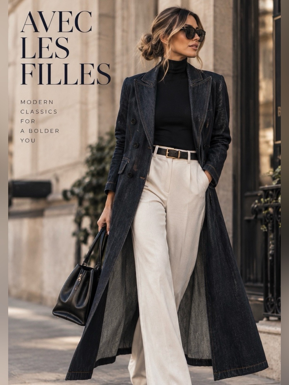 Avec Les Filles Cream Wide-Leg Trousers with Black Top